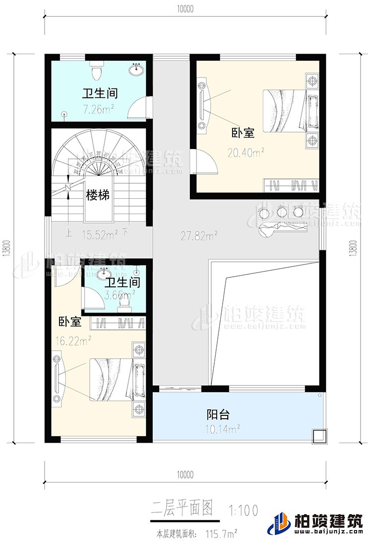 二层：2卧室，内卫，公卫，楼梯，阳台