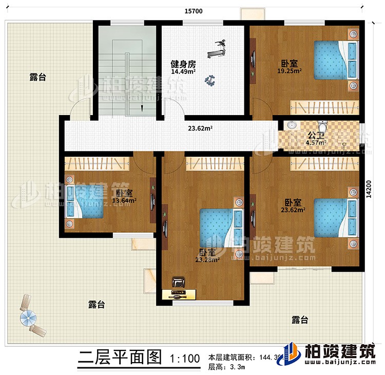 二层：4卧室，公卫，健身房，露台