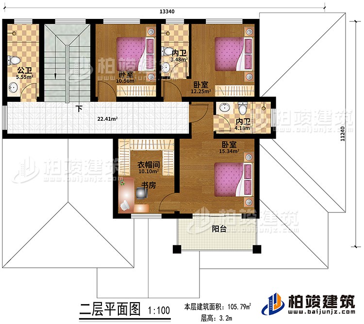 二层：3卧室，3卫，客厅，阳台，衣帽间/书房