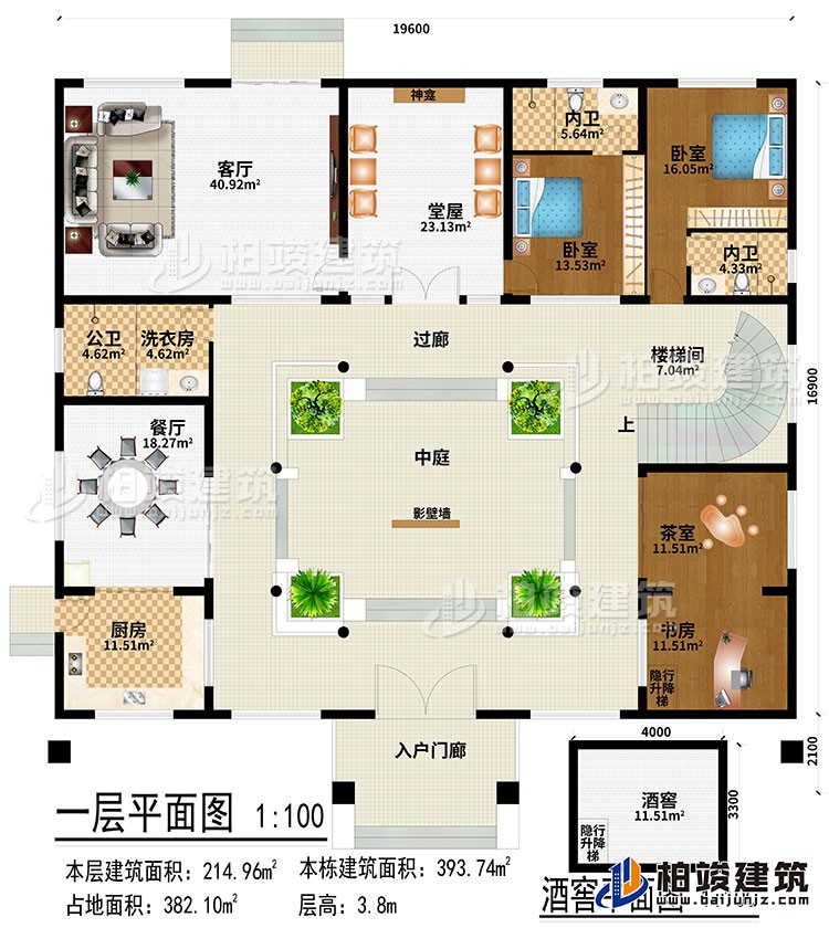 一层：入户门廊、厨房、餐厅、客厅、堂屋、神龛、茶室、书房、2卧室、洗衣房、公卫、2内卫、隐行升降梯、酒窖、中庭、过廊、楼梯间