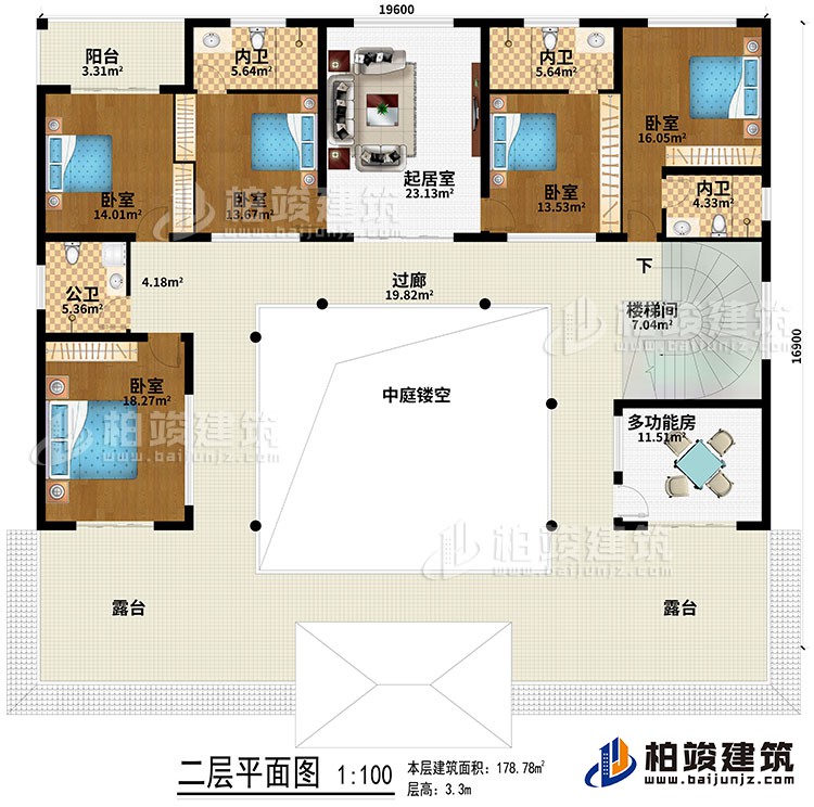 二层：起居室、中庭、过廊、楼梯间、5卧室、公卫、3内卫、2露台、阳台、多功能房