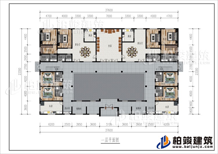 一层：2储物间、2洗衣间、2灶房、8卧室、2衣帽间、2公卫、6内卫、2厨房、2宴会厅、堂屋