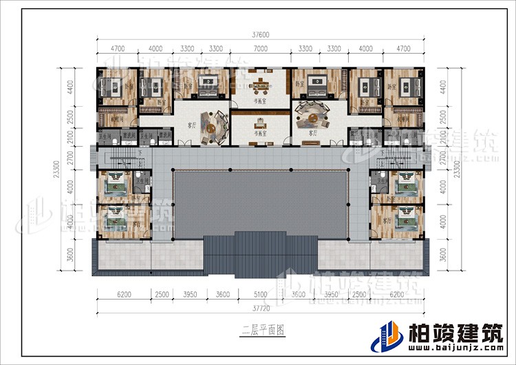 二层：2客厅、2书画室、公卫、10卧室、2衣帽间、4内卫、2露台