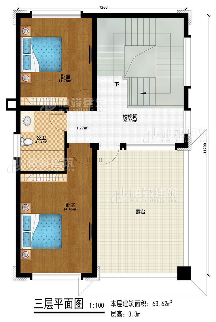 三层：2卧室、楼梯间、公卫、露台