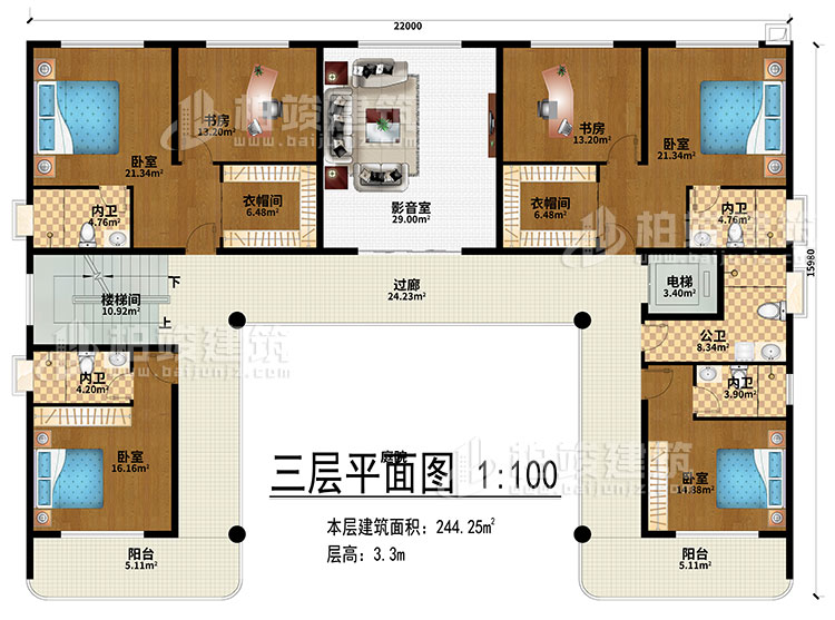 三层：影音室、过廊、楼梯间、电梯、4卧室、2衣帽间、2书房、4内卫、公卫、2阳台