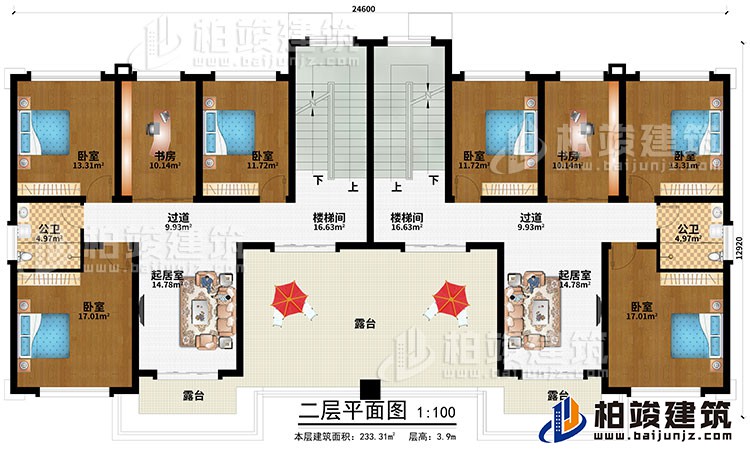 二层：2楼梯间、2过道、2起居室、6卧室、2书房、3露台、2公卫