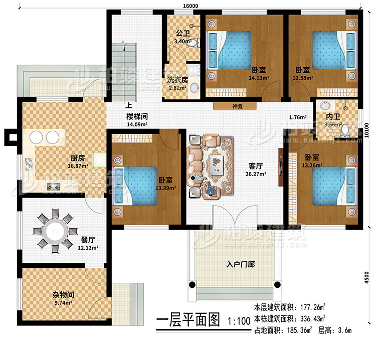 一层：入户门廊、客厅、神龛、楼梯间、厨房、餐厅、杂物间、4卧室、洗衣房、公卫、内卫