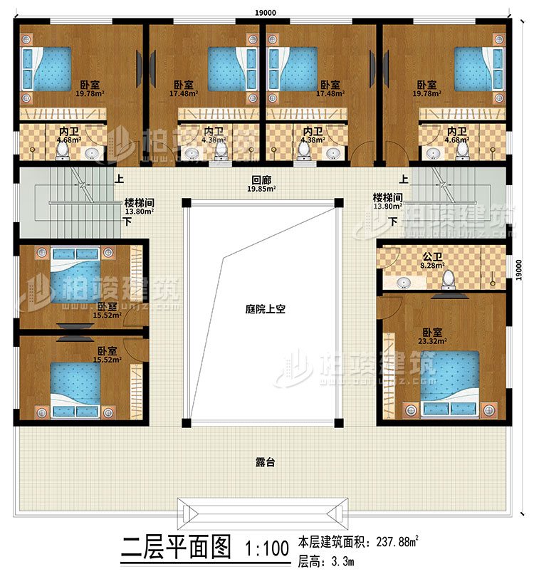 二层：回廊、露台、庭院上空、2楼梯间、7卧室、4内卫、公卫