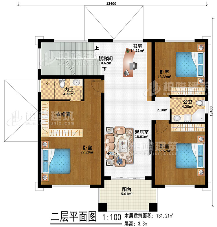 二层：室外观景露台、地下车库入口、入户门廊、玄关、客厅、神龛、茶室、楼梯间、2卧室、公卫、内卫