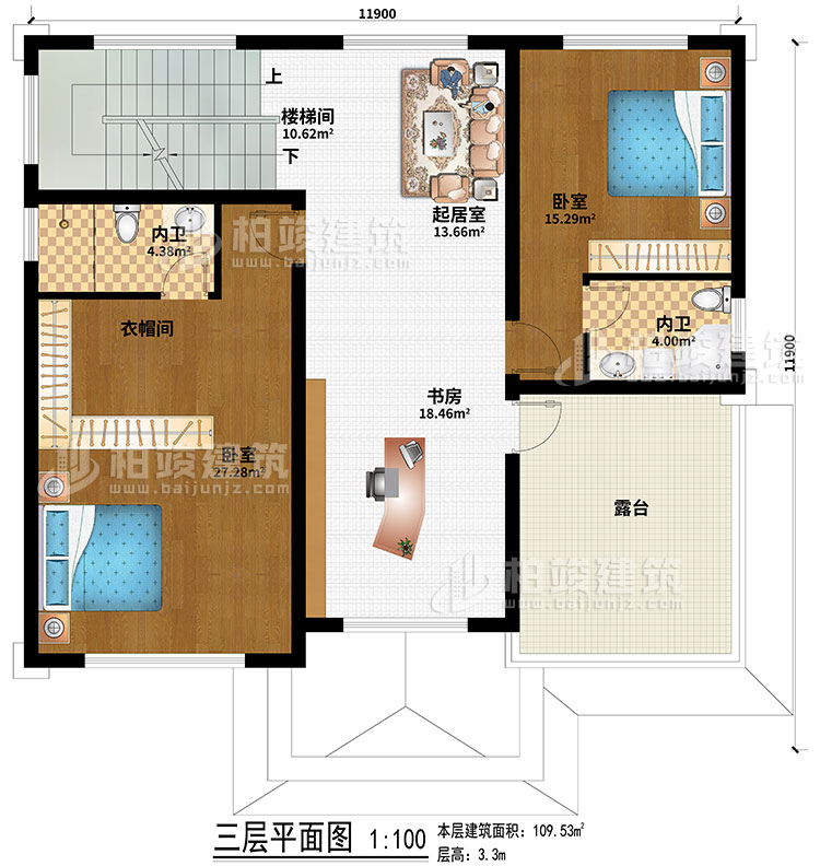 三层：2卧室、起居室、楼梯间、衣帽间、书房、2内卫、露台