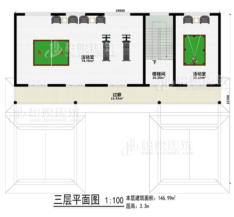 三层：2活动室、楼梯间、过廊