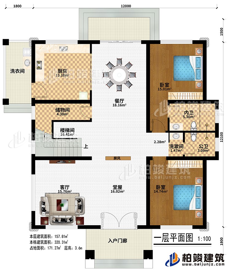 一层：入户门廊、洗衣间、堂屋、客厅、屏风、厨房、餐厅、储物间、楼梯间、2卧室、洗漱间、公卫、内卫