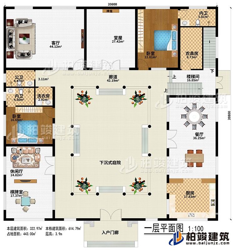 一层：入户门廊、下沉式庭院、廊道、堂屋、神龛、客厅、餐厅、厨房、休闲厅、棋牌室、农具房、楼梯间、2卧室、2内卫、公卫、洗衣房