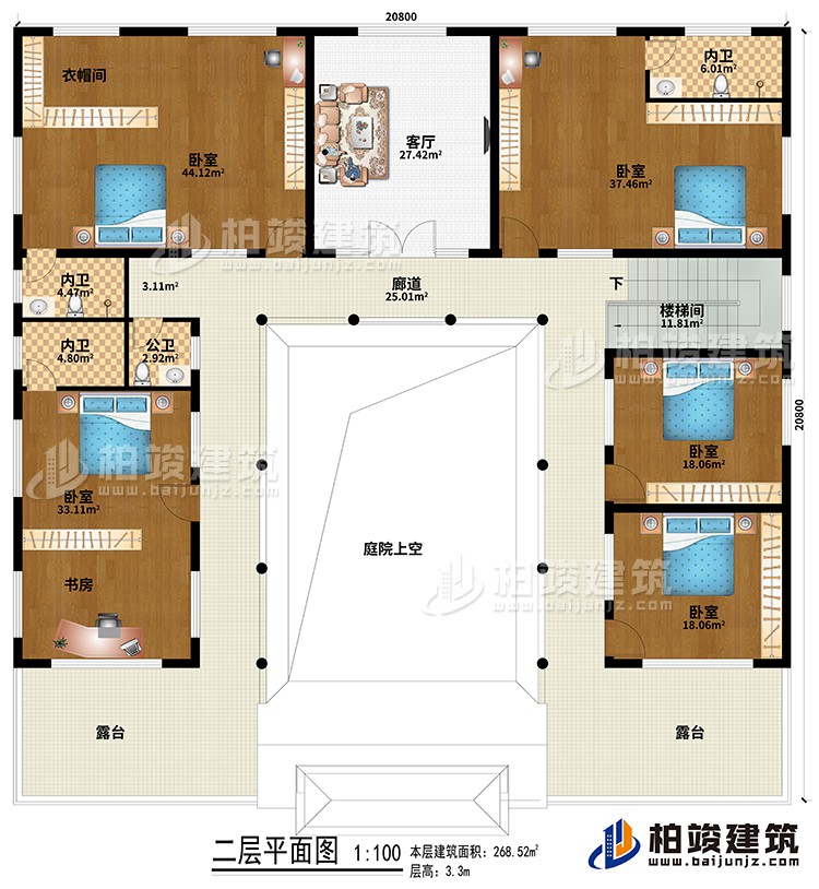 二层：楼梯间、廊道、庭院上空、客厅、5卧室、衣帽间、书房、3内卫、公卫、2露台