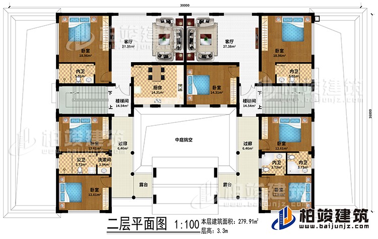 二层：中庭挑空、2客厅、2楼梯间、厨房、7卧室、5内卫、洗漱间、公卫、2过廊、2露台