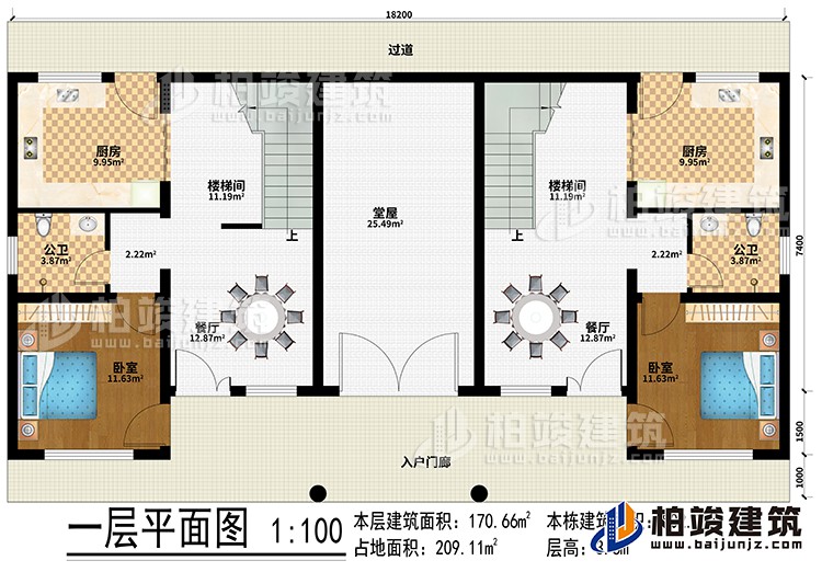 一层：入户门廊、过道、堂屋、2厨房、2楼梯间、2餐厅、2卧室、2公卫