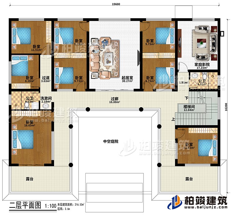 二层：过廊、楼梯间、中空庭院、起居室、8卧室、家庭影院、2公卫、洗漱间、过道、2露台