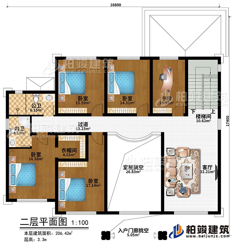 二层：楼梯间、客厅、堂屋挑空、入户门廊挑空、4卧室、衣帽间、书房、公卫、内卫