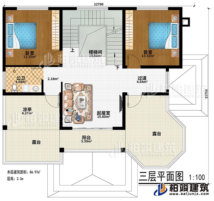 三层：楼梯间、过道、起居室、2卧室、公卫、凉亭、阳台、2露台