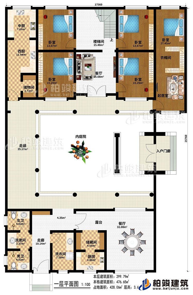 一层：入户门廊、内庭院、2走廊、餐厅、厨房、中厨、西厨、2储物间、5卧室、起居室、衣帽间、楼梯间、客厅、洗衣间、洗漱间、女卫、男卫